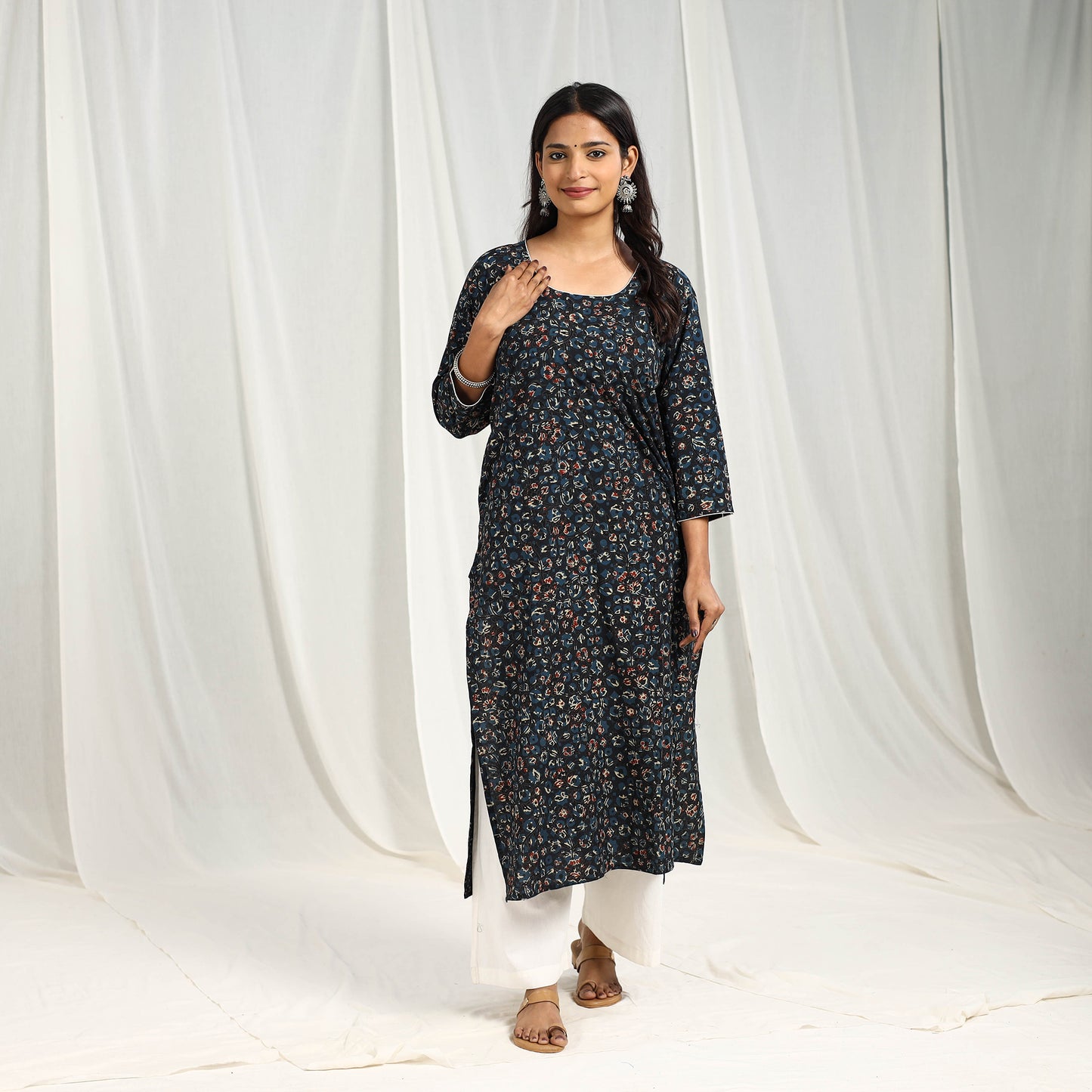 Buy Block Print Cotton Straight Blue Ajrakh Kurta for Women