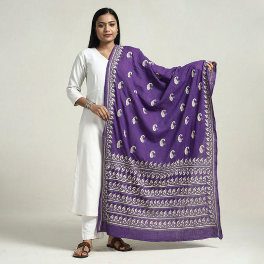 Purple - Bolpur Kantha Embroidery Cotton Handloom Dupatta with Tassels