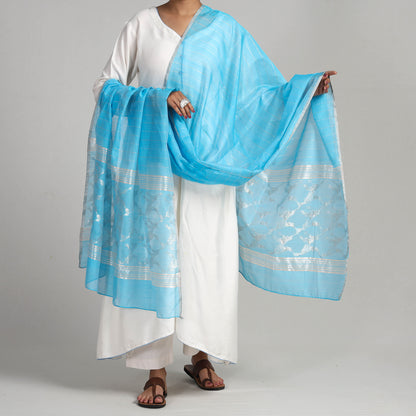 Blue - Traditional Chanderi Silk Handloom Jangala Palla Zari Stripe Dupatta