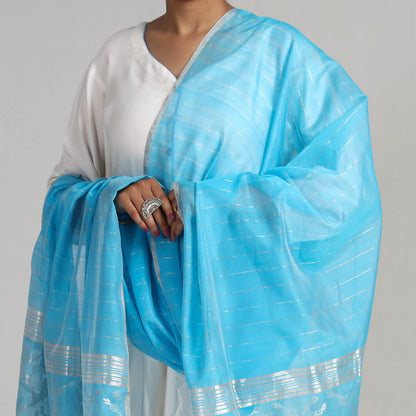 Blue - Traditional Chanderi Silk Handloom Jangala Palla Zari Stripe Dupatta