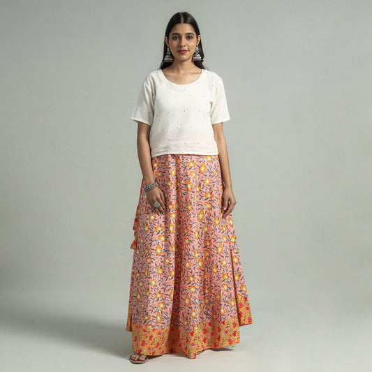 Peach - Sanganeri Block Printed Cotton Long Skirt