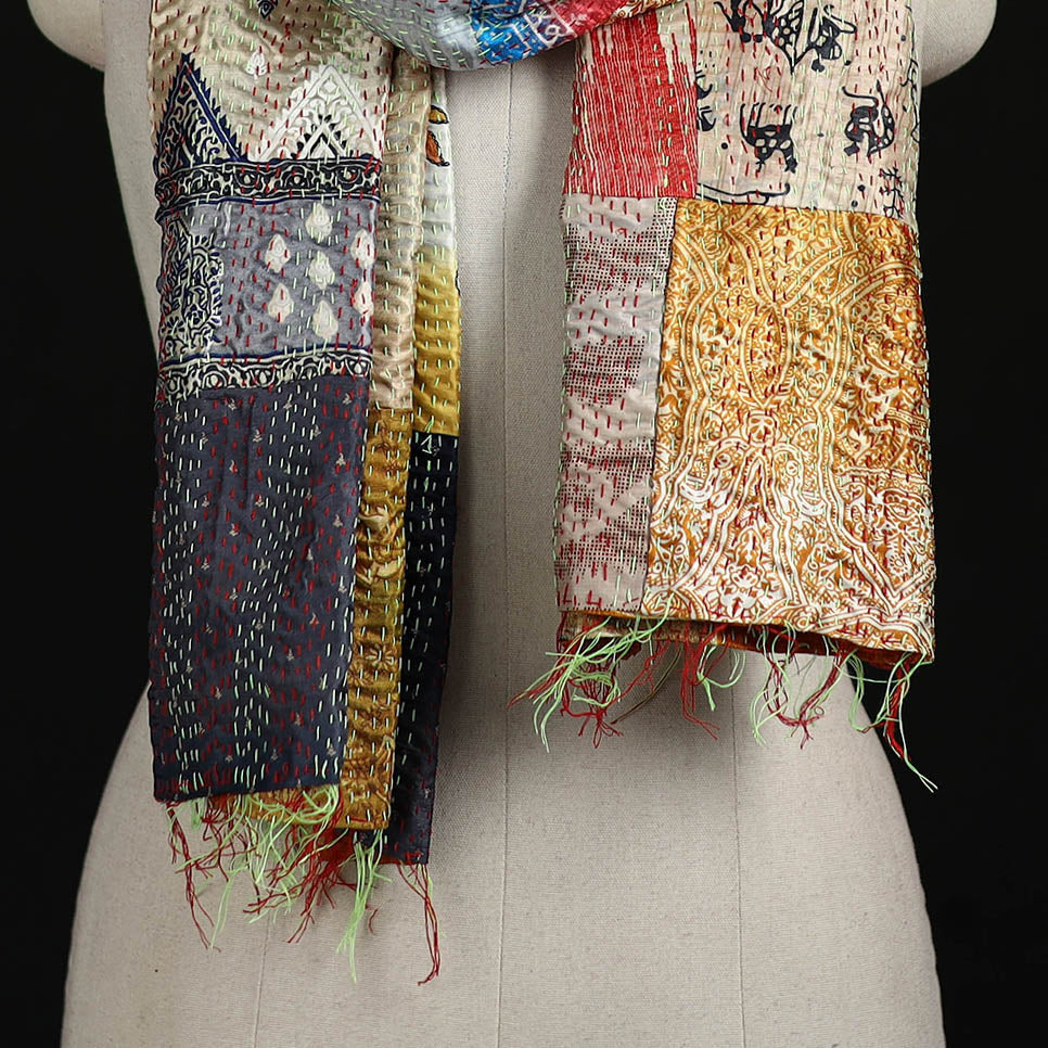 Bengal Kantha Handwork Patchwork Reversible Silk Stole 35
