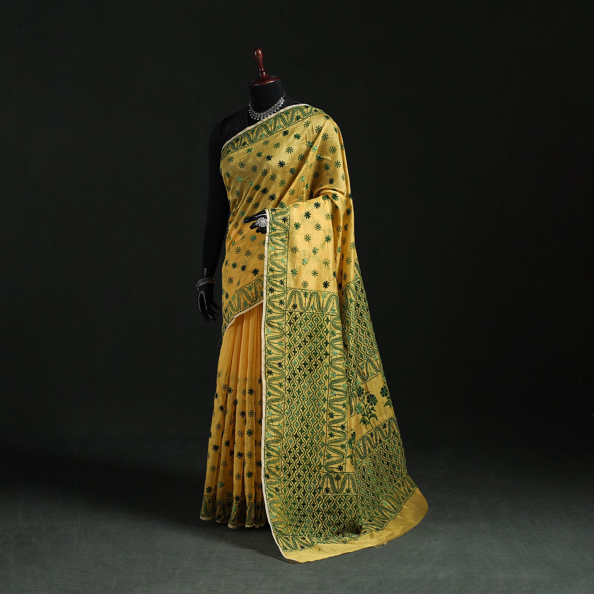 Yellow Bengal Kantha Hand Embroidery Silk Cotton Chapa Work Saree