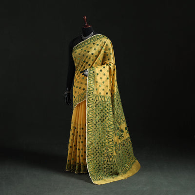 Yellow - Bengal Kantha Hand Embroidery Silk Cotton Chapa Work Saree 27
