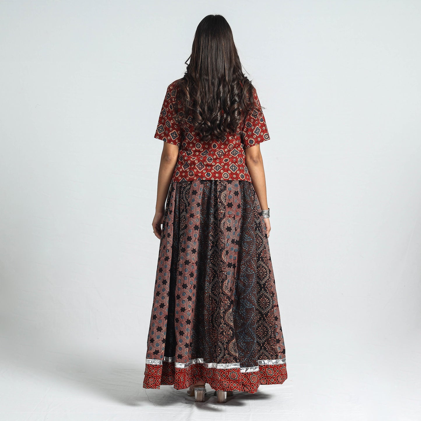 Black - Ajrakh Block Printed 24 Kali Patchwork Cotton Long Skirt