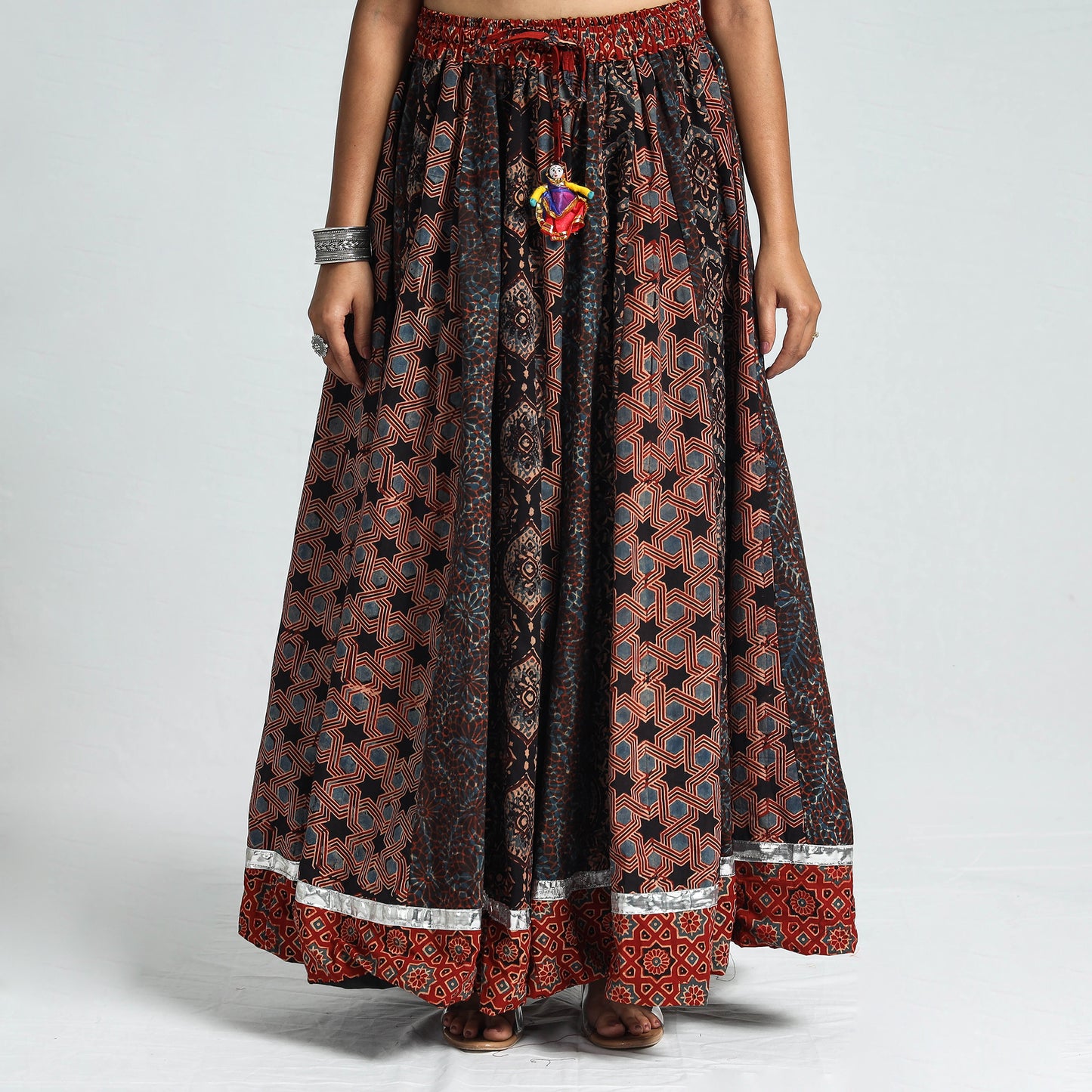 Black - Ajrakh Block Printed 24 Kali Patchwork Cotton Long Skirt