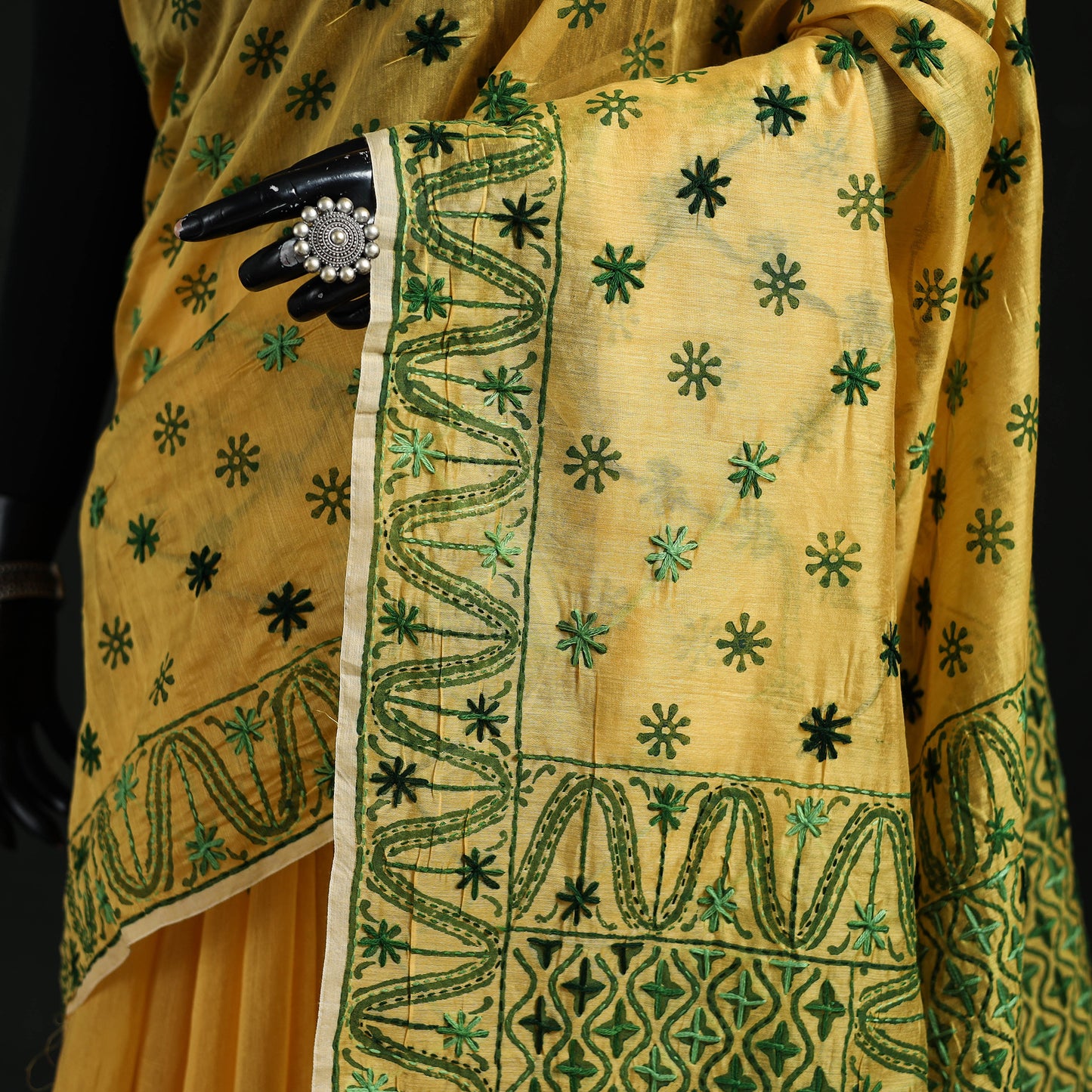 Yellow - Bengal Kantha Hand Embroidery Silk Cotton Chapa Work Saree 27