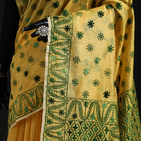 Yellow - Bengal Kantha Hand Embroidery Silk Cotton Chapa Work Saree 27