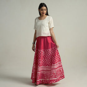 Pink Hand Batik Printed Running Stitch Cotton Long Skirt 