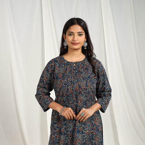 Blue Ajrakh Block Print Cotton Long Kurta 