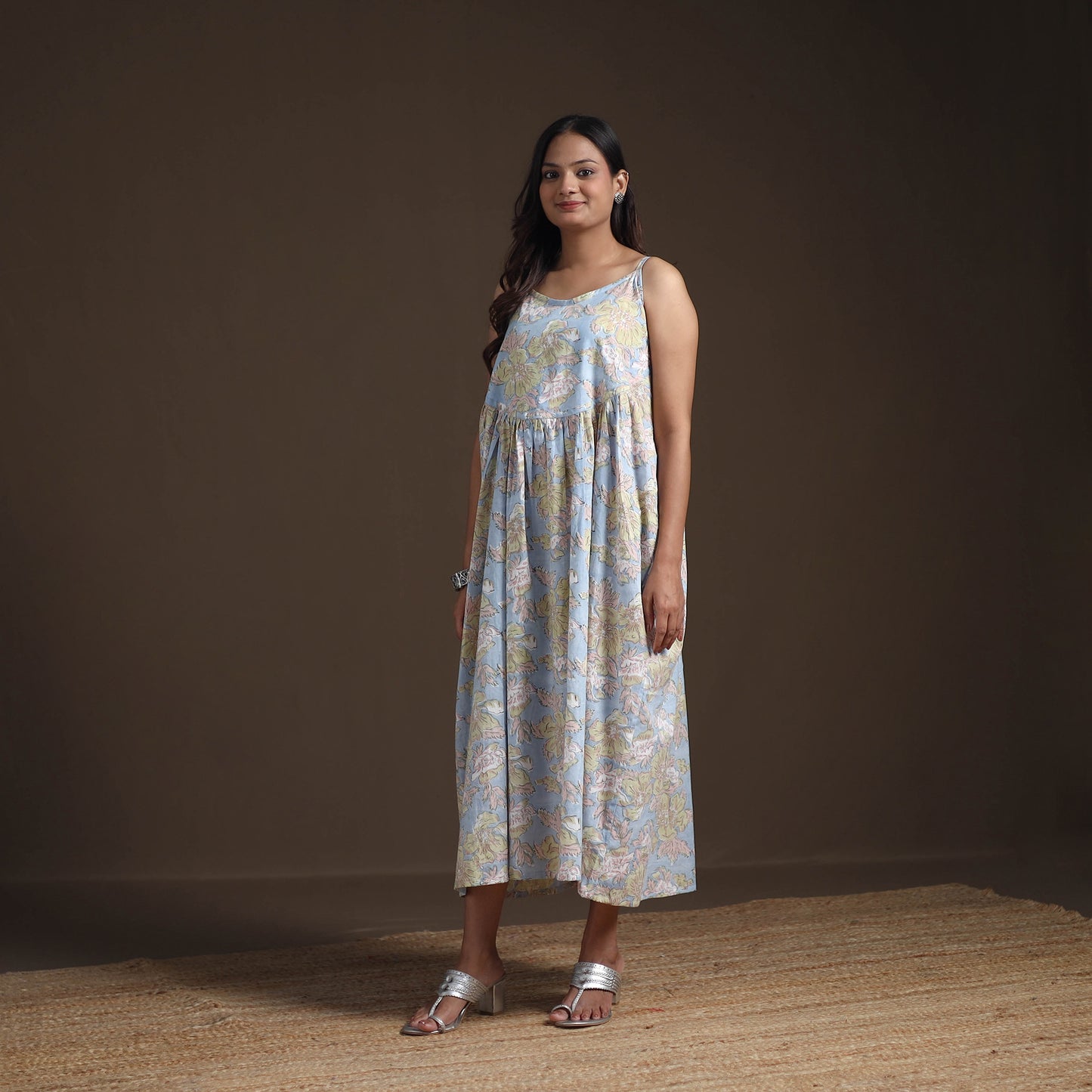 Sanganeri Floral Hand Block Print Cotton Flared Long Dress for Women 15