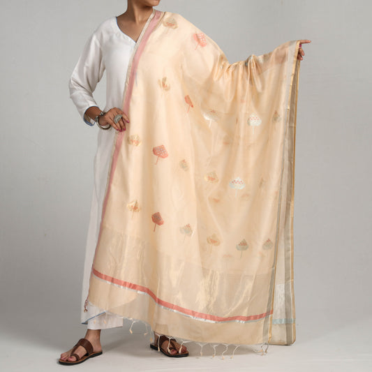 Beige - Traditional Chanderi Silk Handloom Diamond Meena Buta Dupatta