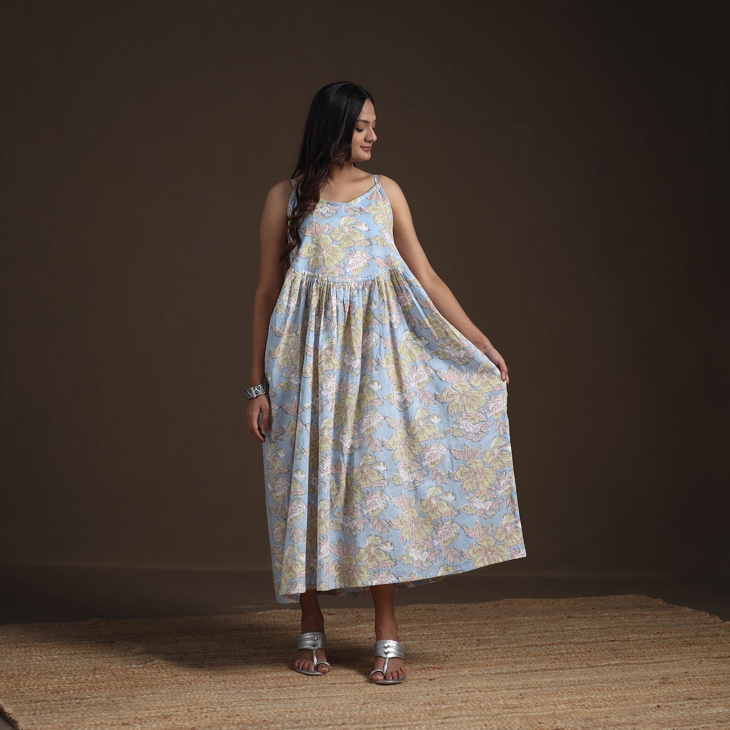 Sanganeri Floral Hand Block Print Cotton Flared Long Dress for Women 15
