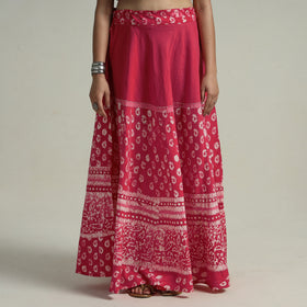 Pink Hand Batik Printed Running Stitch Cotton Long Skirt 