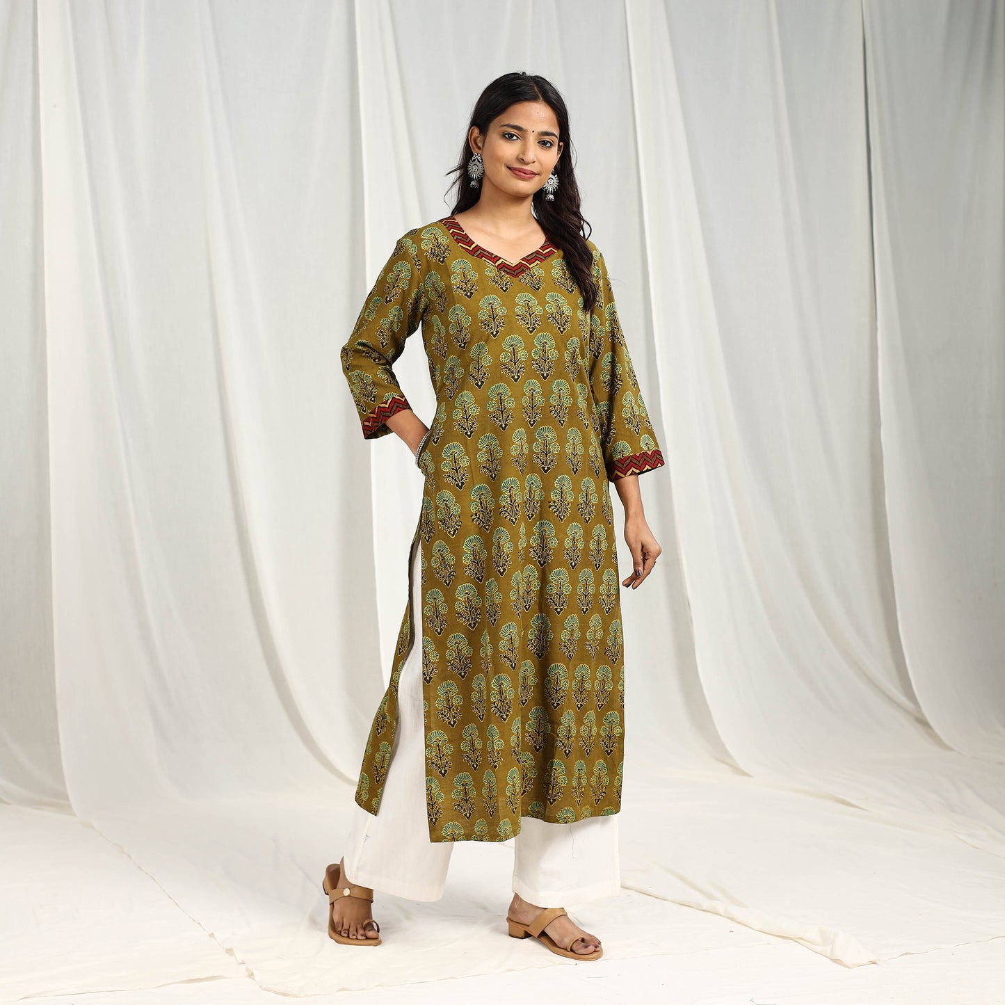 Olive Green Block Print Cotton Straight Ajrakh Kurta for Women