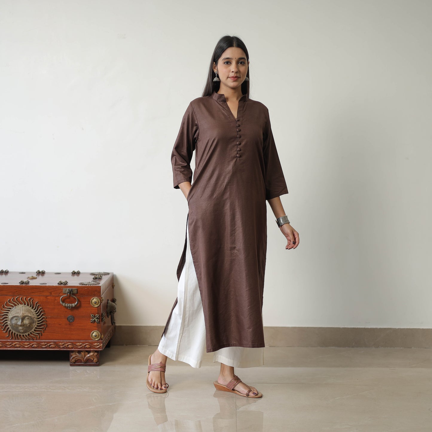 Nithya Brown Linen Cotton Plain Kurta