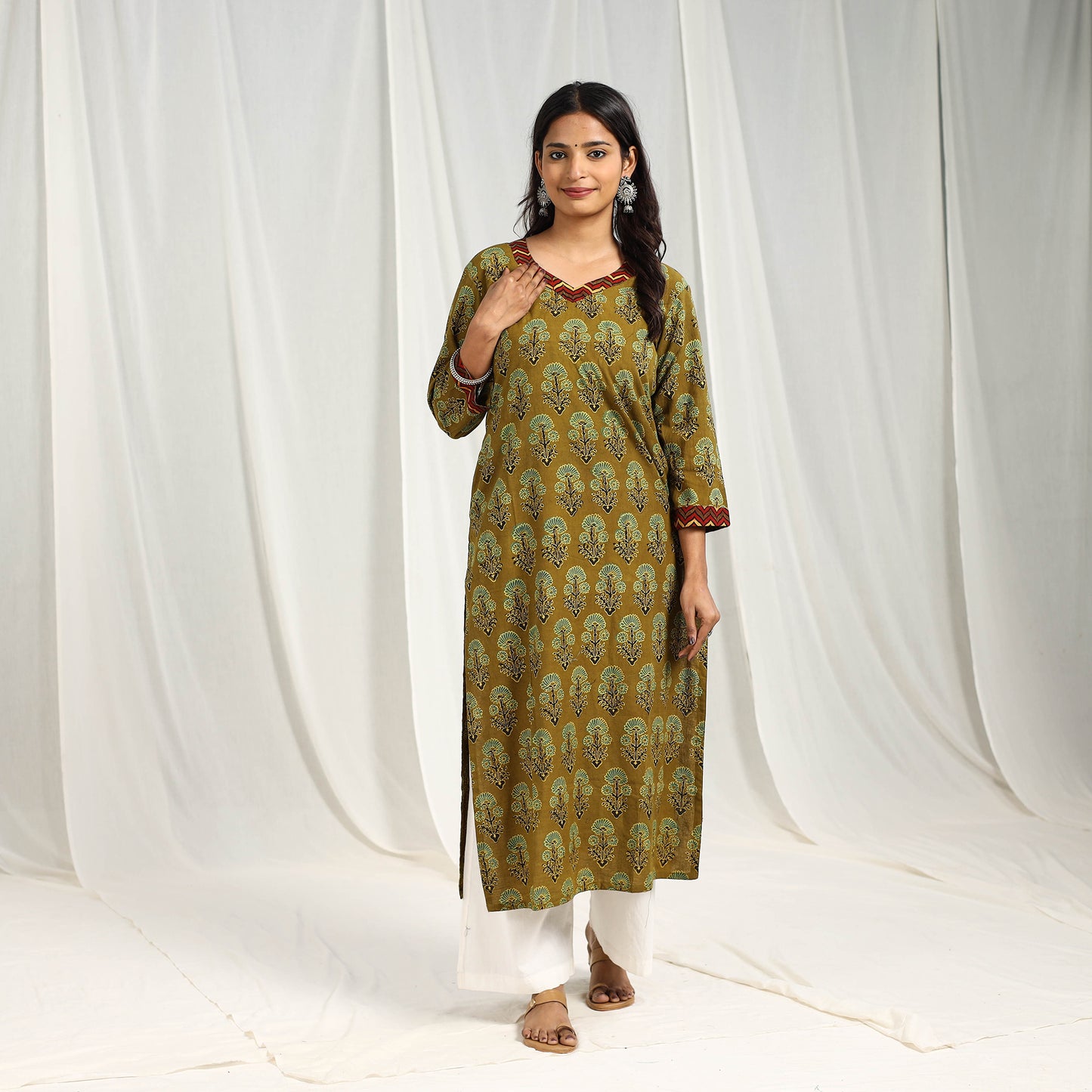 Olive Green Block Print Cotton Straight Ajrakh Kurta for Women