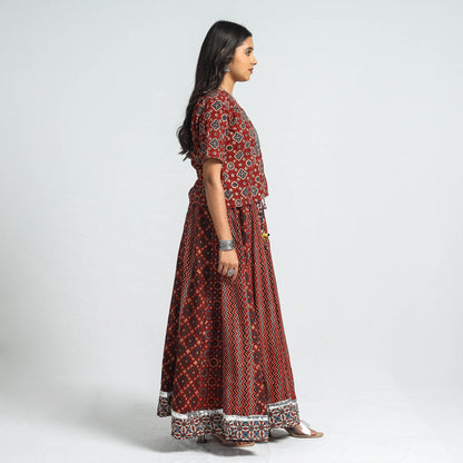 Red - Ajrakh Block Printed 24 Kali Patchwork Cotton Long Skirt