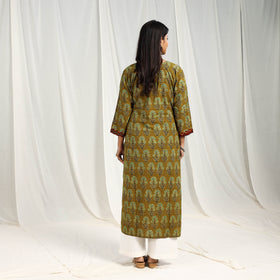 Olive Green Block Print Cotton Straight Ajrakh Kurta for Women