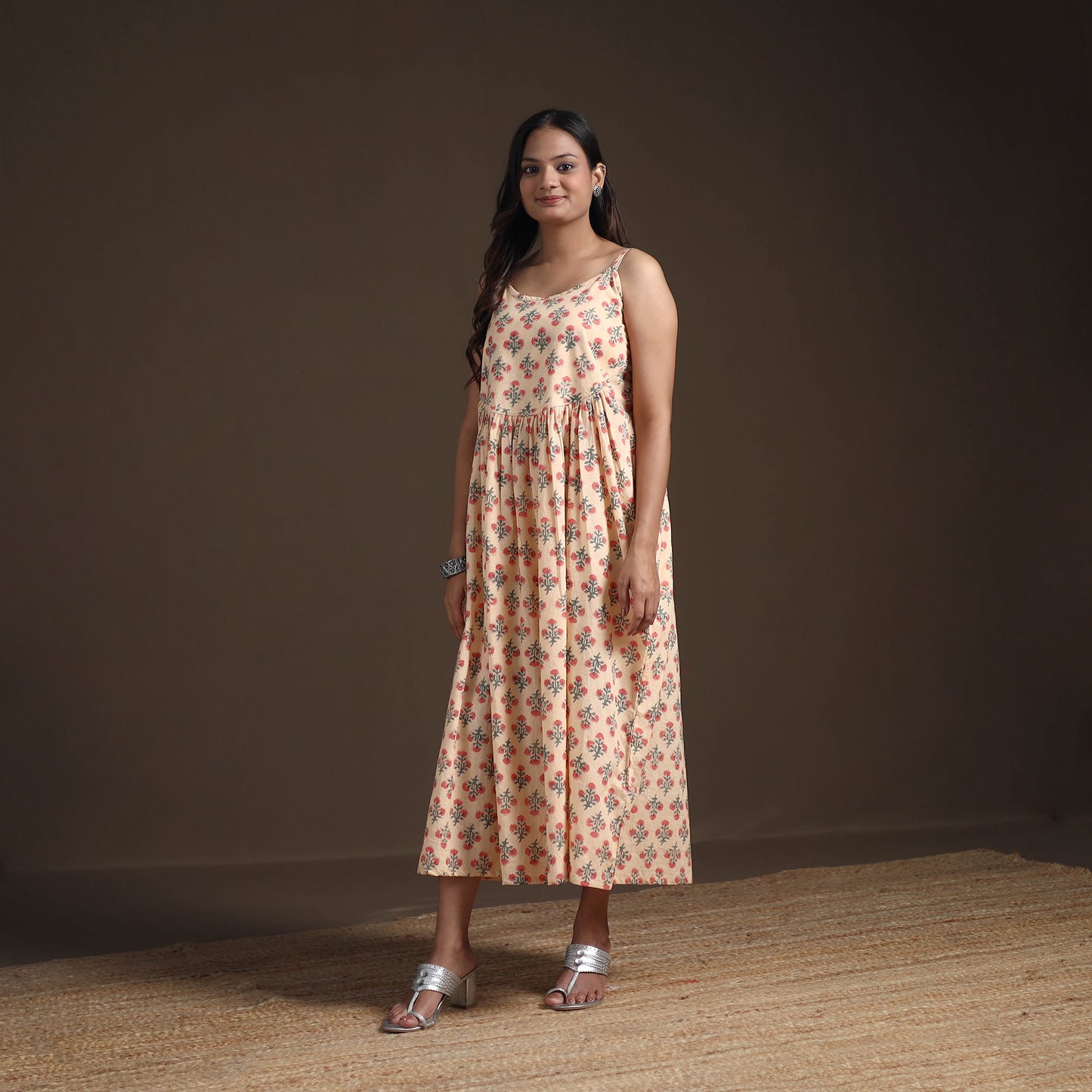 Sanganeri Floral Hand Block Print Cotton Flared Long Dress for Women 16