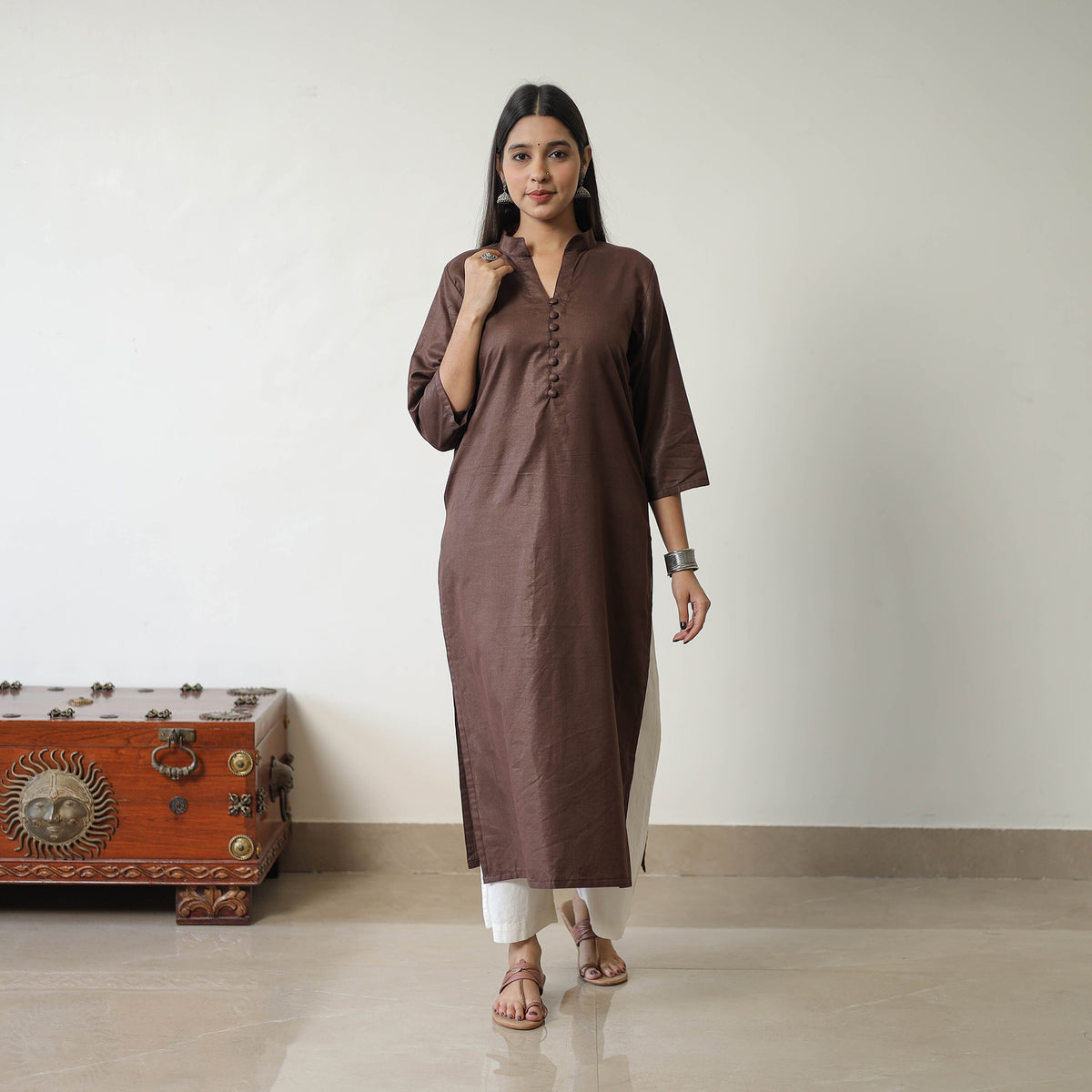 Nithya Brown Linen Cotton Plain Kurta