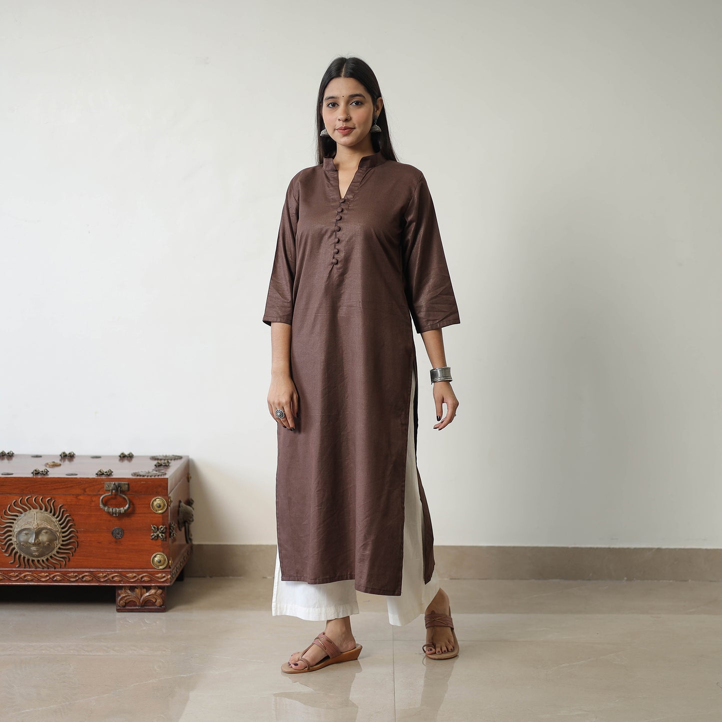 Nithya Brown Linen Cotton Plain Kurta