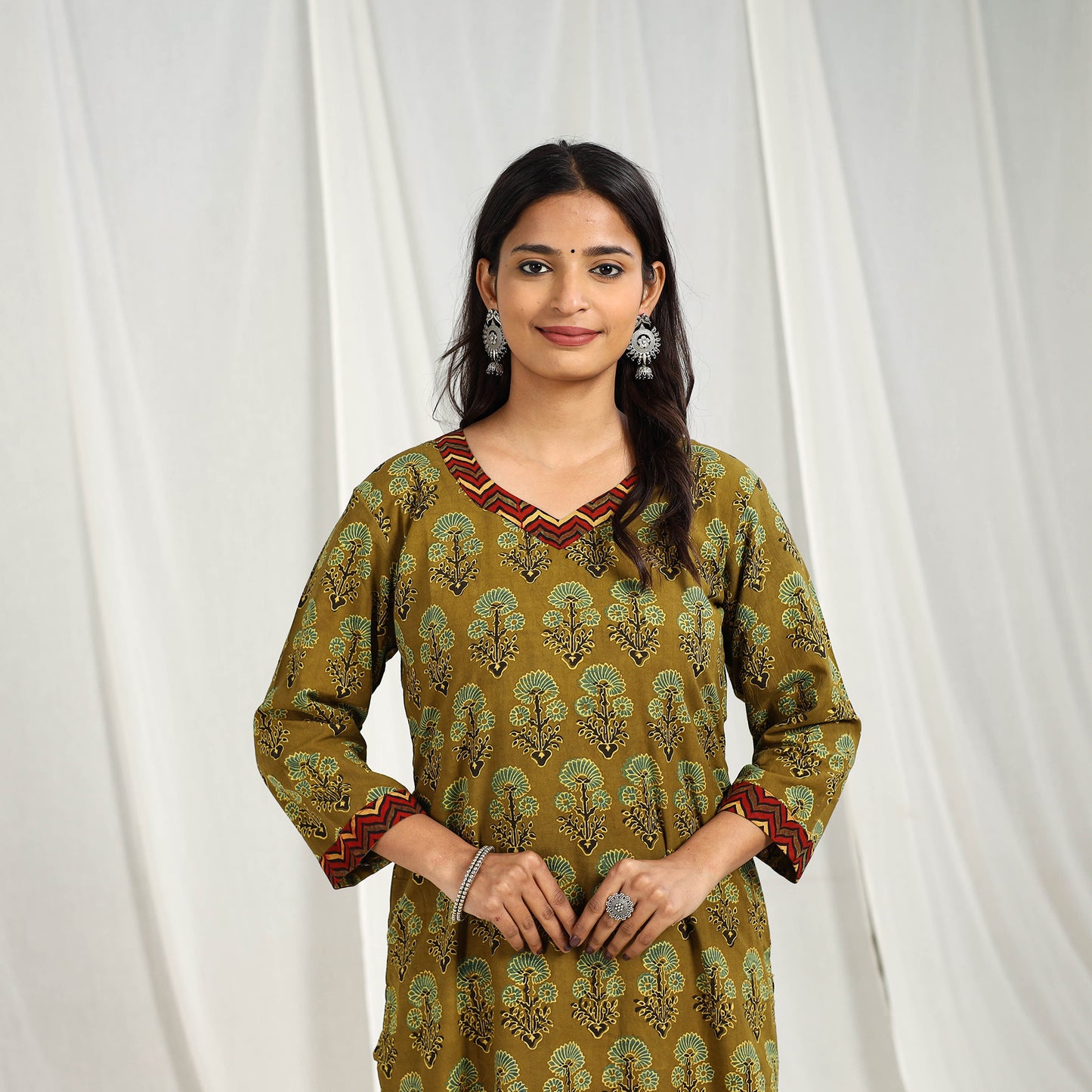 Olive Green Block Print Cotton Straight Ajrakh Kurta for Women