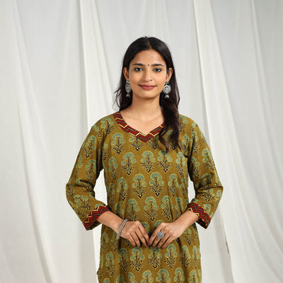 Olive Green Block Print Cotton Straight Ajrakh Kurta for Women