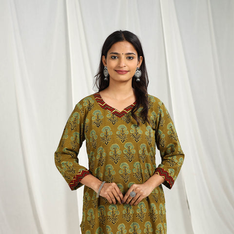 Olive Green Block Print Cotton Straight Ajrakh Kurta for Women