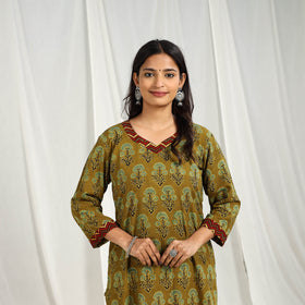 Olive Green Block Print Cotton Straight Ajrakh Kurta for Women