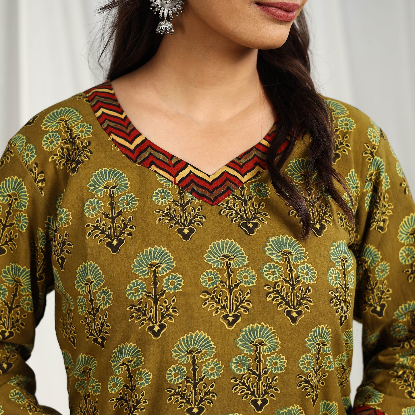 Olive Green Block Print Cotton Straight Ajrakh Kurta for Women
