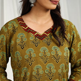 Olive Green Block Print Cotton Straight Ajrakh Kurta for Women