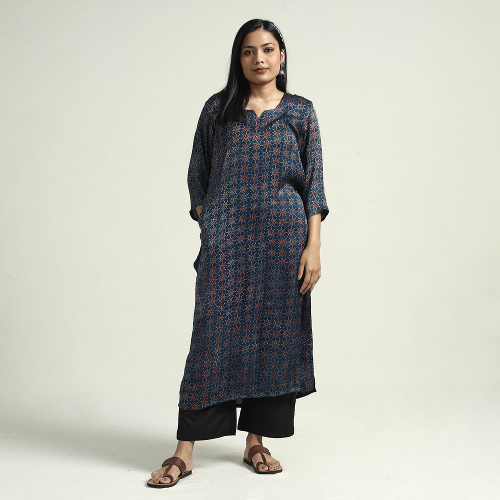 Blue - Ajrakh Block Printed Modal Silk Kurta with Palazzo Set