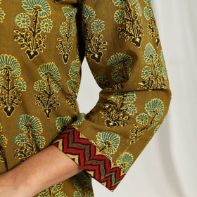 Olive Green Block Print Cotton Straight Ajrakh Kurta for Women