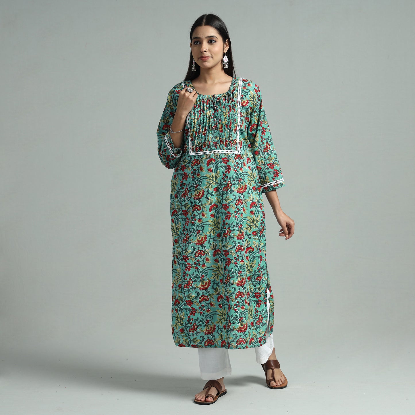 Sea Green - Sanganeri Block Printed Cotton Pintuck Straight Kurta with Lace Work