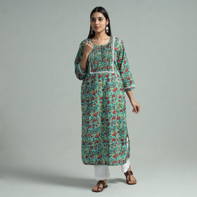 Sea Green - Sanganeri Block Printed Cotton Pintuck Straight Kurta with Lace Work
