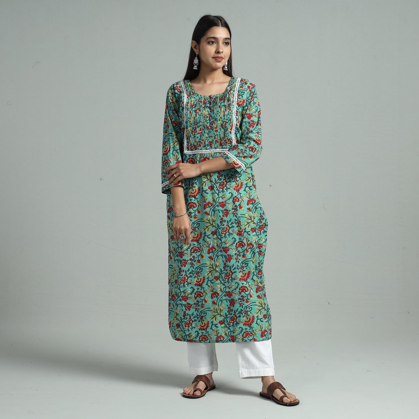 Sea Green - Sanganeri Block Printed Cotton Pintuck Straight Kurta with Lace Work