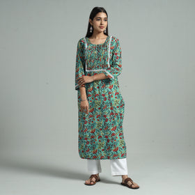 Sea Green - Sanganeri Block Printed Cotton Pintuck Straight Kurta with Lace Work