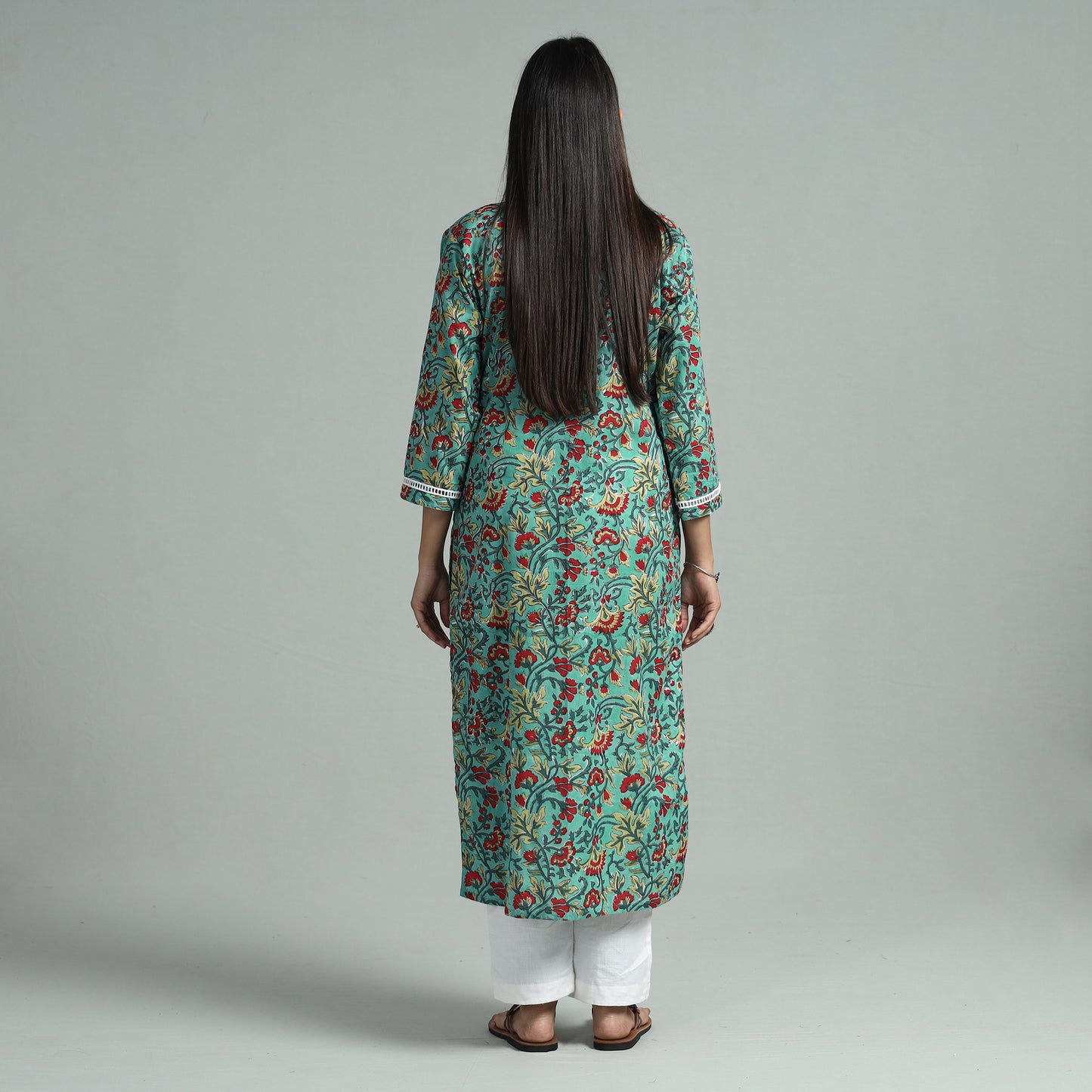 Sea Green - Sanganeri Block Printed Cotton Pintuck Straight Kurta with Lace Work