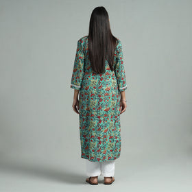 Sea Green - Sanganeri Block Printed Cotton Pintuck Straight Kurta with Lace Work