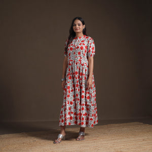 Sanganeri Floral Hand Block Print Cotton Tiered Long Dress for Women 10