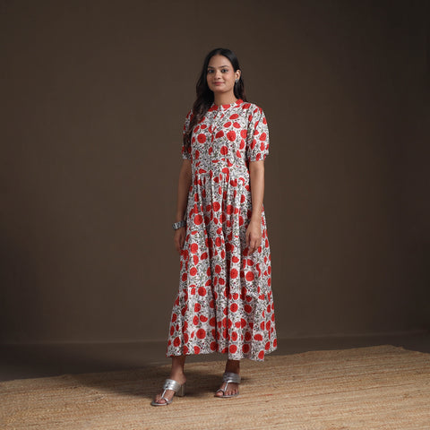 Sanganeri Floral Hand Block Print Cotton Tiered Long Dress for Women 10
