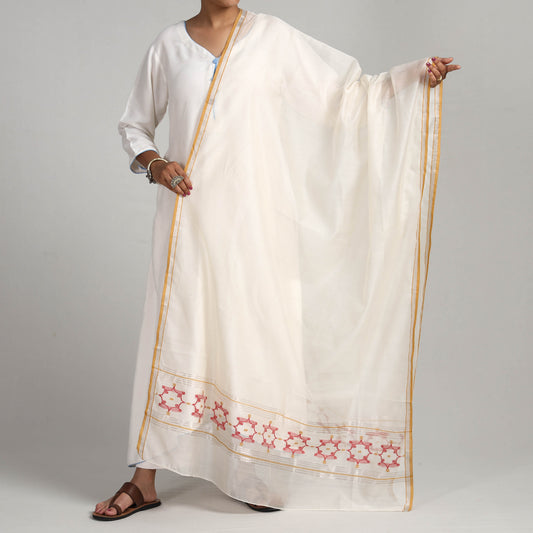 White - Traditional Chanderi Silk Handloom Jangala Palla Dupatta