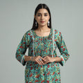 Sea Green - Sanganeri Block Printed Cotton Pintuck Straight Kurta with Lace Work