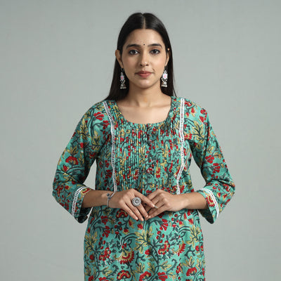 Sea Green - Sanganeri Block Printed Cotton Pintuck Straight Kurta with Lace Work