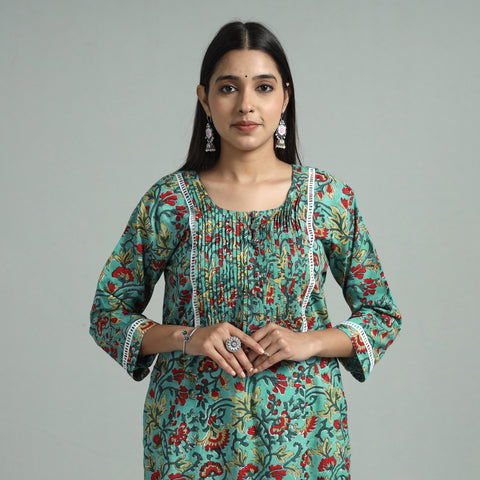 Sea Green - Sanganeri Block Printed Cotton Pintuck Straight Kurta with Lace Work