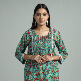 Sea Green - Sanganeri Block Printed Cotton Pintuck Straight Kurta with Lace Work