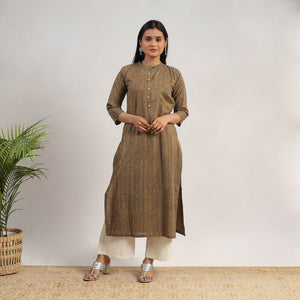 Brown Block Print Cotton Straight Akola Kurta 