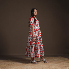 Sanganeri Floral Hand Block Print Cotton Tiered Long Dress for Women 10