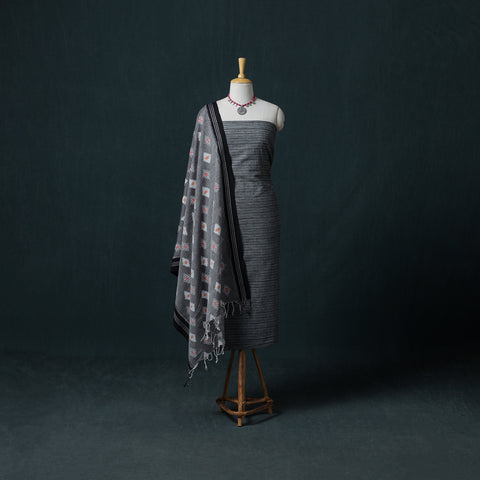 Jamdani Handloom Cotton Unstitched Dress Material: Kurta & Dupatta with Earrings 15